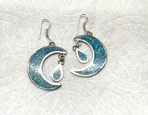 Turquoise Alpaca Earrings Moon Mosaic Vintage 1970 DazzleCity