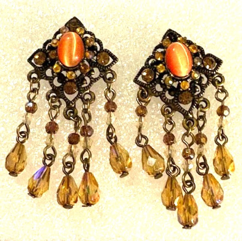 Cats Eye Glass Earrings Optic Bronze Pierced Vintage DazzleCity