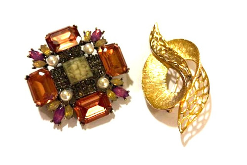 2 Very Nice Pin Brooch Lot Abstract Baroque Bundle DazzleCity
