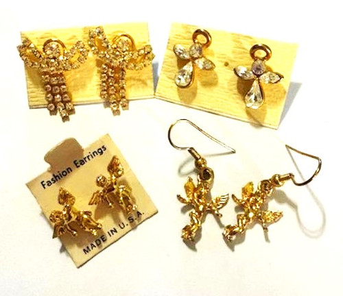 4 Pair Angel Earrings Vintage Crystal Rhinestone Halo MINT NBW DazzleCity