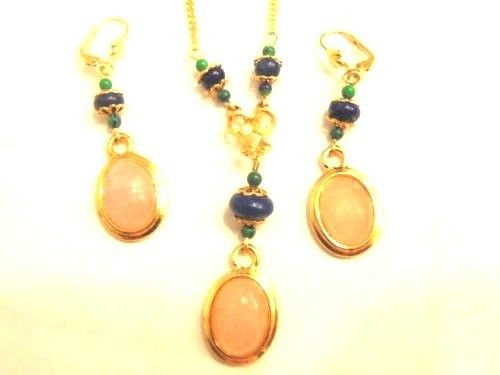 Scarab Egyptian Earrings Necklace Set Rose Quartz Lapis Azurite