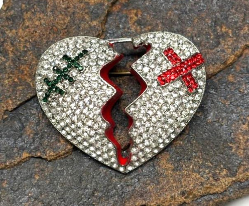Stunning Broken Heart Pin Brooch Rhinestone Crystal Silver DazzleCity