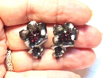 Flower Earrings Garnet Rhinestone Crystal Bouquet Vintage OOAK BeadRage