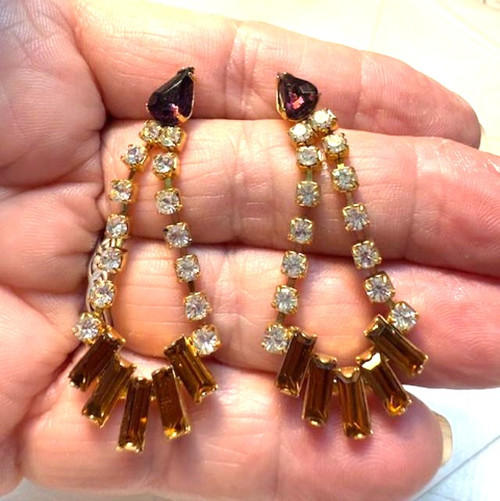Topaz Earrings Pierced Vintage Baguette Rhinestone Crystal DazzleCity
