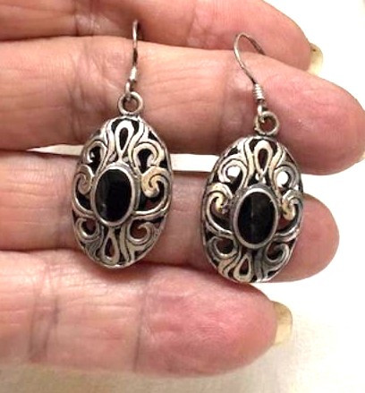 Sterling Silver Earrings Celtic Filigree Onyx Enamel Vtg BeadRage