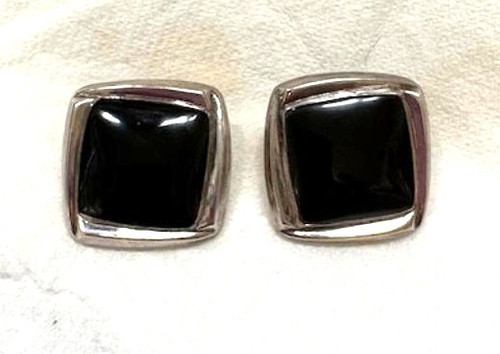Vintage Sterling Earrings Square Modern Jet Onyx Enamel DazzleCity