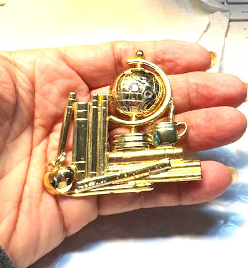 Teacher Globe Pin Books Apple Coffee Brooch Vtg DazzleCity