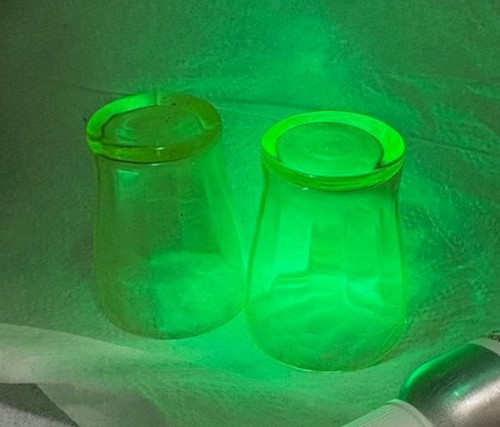 2 Vaseline Shot Glasses Antique Uranium Floral Etched DazzleCity