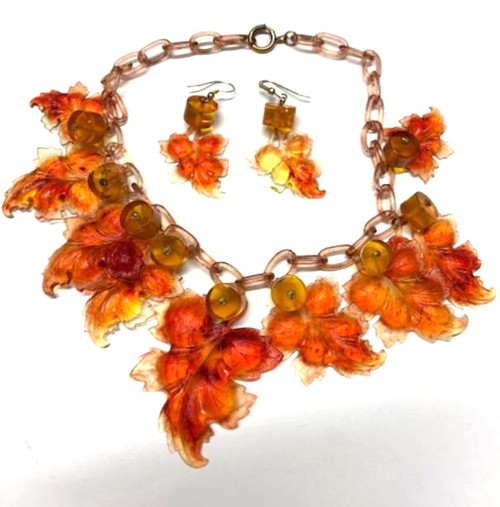 Vintage Celluloid Bakelite Necklace Earrings Set Leaf Leaves DazzleCity