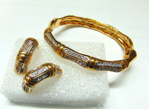 Elegant Bracelet Earring Set Bamboo Look Rhinestone Crystal Vintage DazzleCity