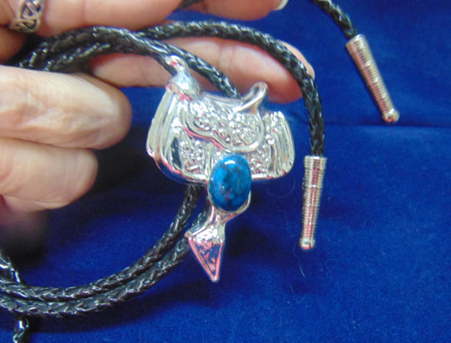Saddle Bolo Tie Leatherette Silver Faux Turquoise 35" Vintage BeadRage