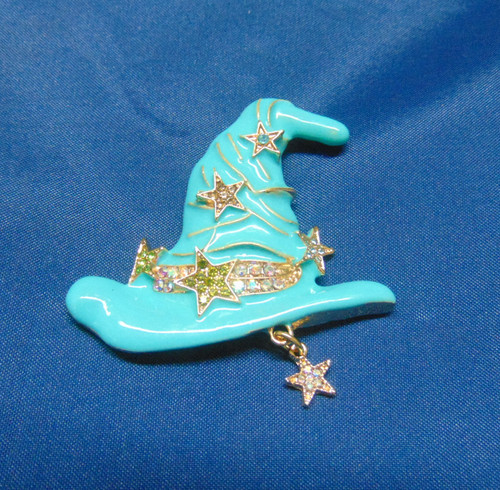 Witch Hat Pin Halloween Coven Stars Rhinestone Crystal Turquoise DazzleCity