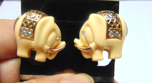 Elephant Clip Earrings Rhinestone Crystal Faux Ivory DazzleCity