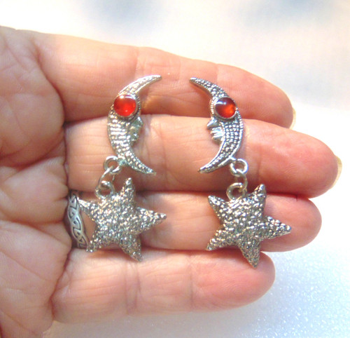 Crescent Moon Star Earrings Silver Pierced Drop Vintage DazzleCity