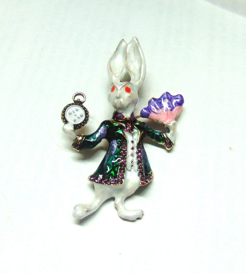 White Rabbit Pin Alice Brooch Rhinestone Crystal Cartoon Gorgeous DazzleCity