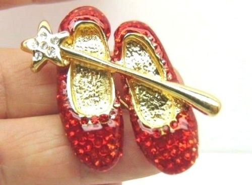 Wizard Oz Red Slippers Wand Pin Dorothy Rhinestone Crystal Shoes Brooch