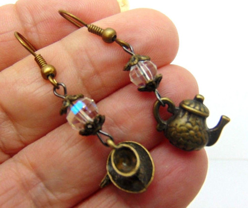 Cup of Tea Earrings Crystal Beads Alice Wonderland