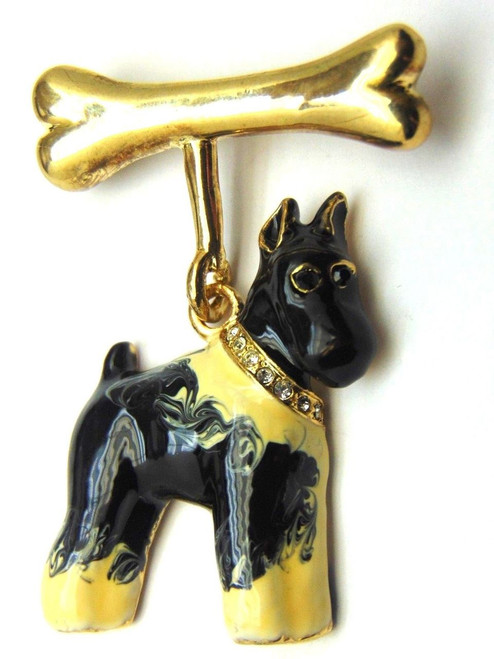 Schnauzer Pin Dog Terrier Puppy Bone Rhinestone Crystal Brooch