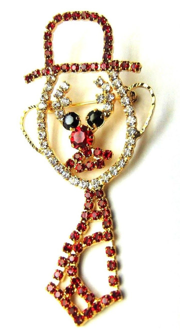 Clown Pin Hat Red Neck Tie Brooch Rhinestone Crystal Circus