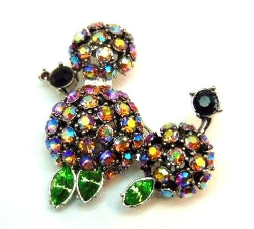 Poodle Pin Dog Puppy Brooch Pink Aurora Borealis Rhinestone Crystal Standard