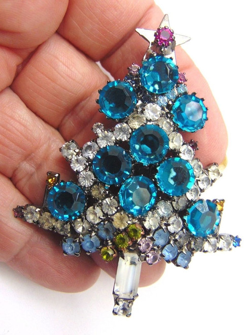 Christmas Tree Pin Brooch Givre Crystal Blue 1950's Unsigned