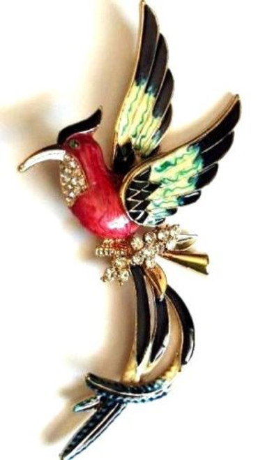 Bird Pin Crystal Woodpecker Rhinestone Humming Paradise Tropical Enamel