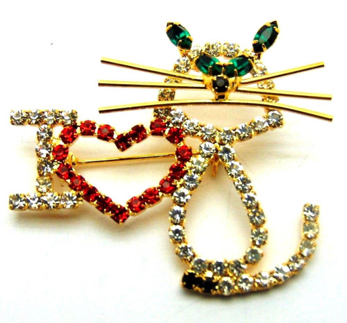 Cat Heart Pin I Love Cats Brooch Vintage Rhinestone Crystal DazzleCity