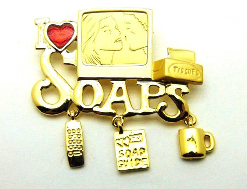 I Love The Soaps Pin Signed Danecraft Brooch Heart Tissue Opera Charms