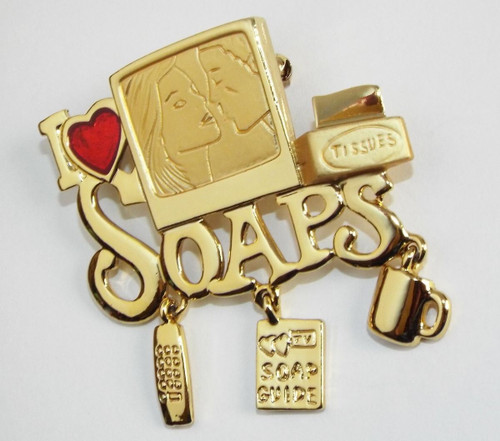 I Love The Soaps Pin Signed Danecraft Brooch Heart Tissue Opera Charms