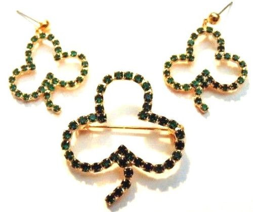 Irish Shamrock Pin Earrings 3 Leaf Clover St Patrick Rhinestone Crystal