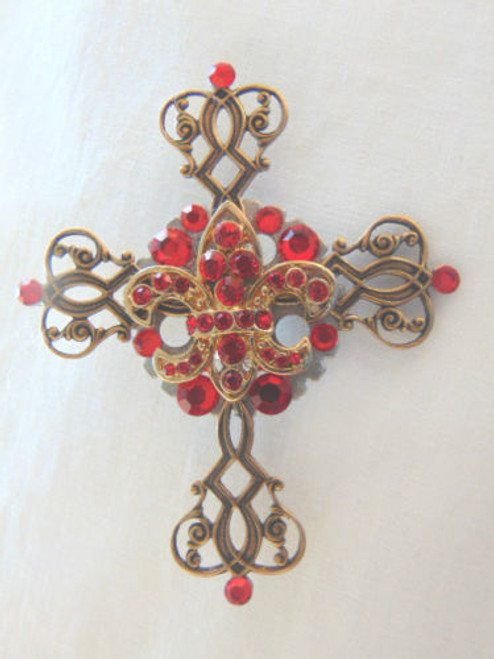 Cross Crucifix Pin Fleur De Lis Brooch Celtic Signed Rhinestone Crystal