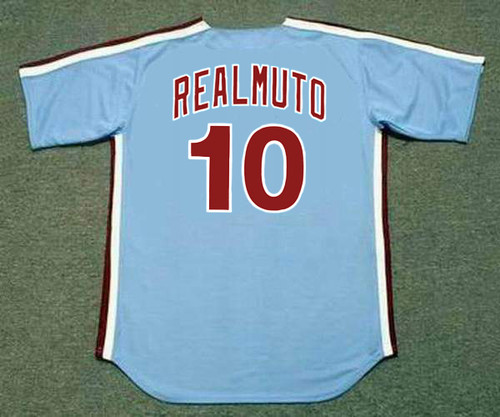 J.T. REALMUTO Philadelphia Phillies 1980's Majestic Throwback Away Baseball Jersey - BACK