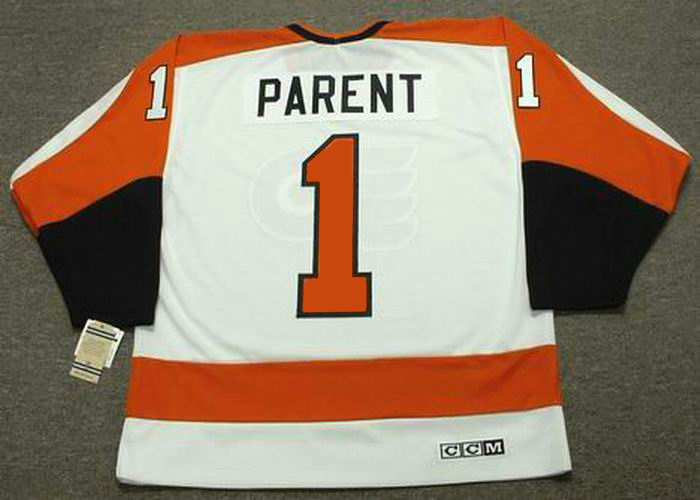 Mitchell & Ness Philadelphia Flyers Bernie Parent #1 '74 Blue Line Jersey, Men's, XXL, Orange