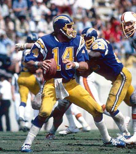 Dan Fouts Signed Chargers Navy Jersey Drop Back Action 16x20 Photo