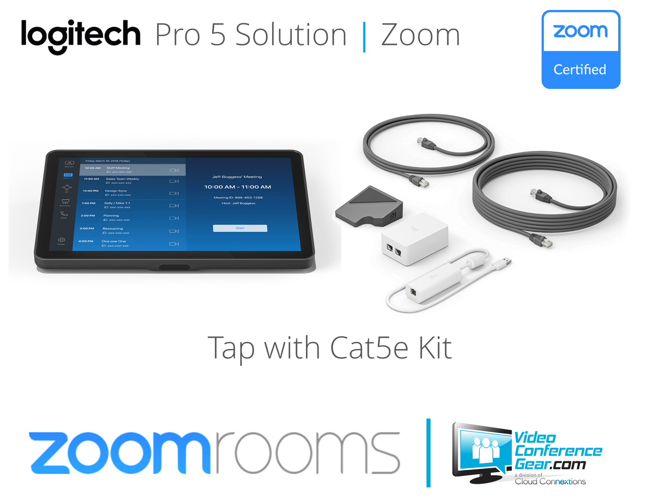 Logitech Pro 5 Zoom Rooms Solution with Rally Bar Mini, Tap Cat5e & TV Mount ideal for rooms up to 5 people