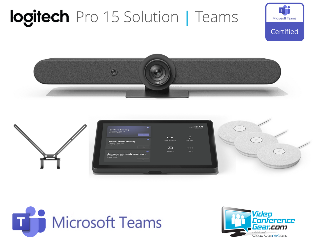 Logitech Pro 15 Microsoft Teams Rooms Solution with Rally Bar, Rally Mic Pod (3), Tap Cat5e & TV Mount ideal for rooms up to 15 people