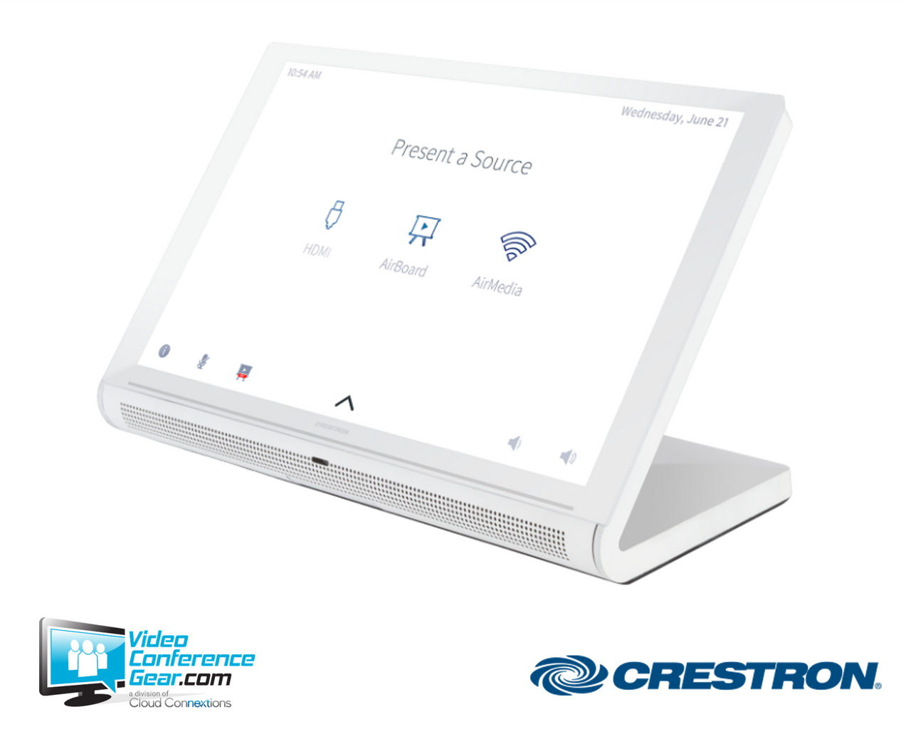Crestron TSS-1070-W-S is a 10.1" WUXGA touchscreen room scheduling panel with PoE, Wi-Fi, and native Microsoft Teams and Zoom Rooms integration.