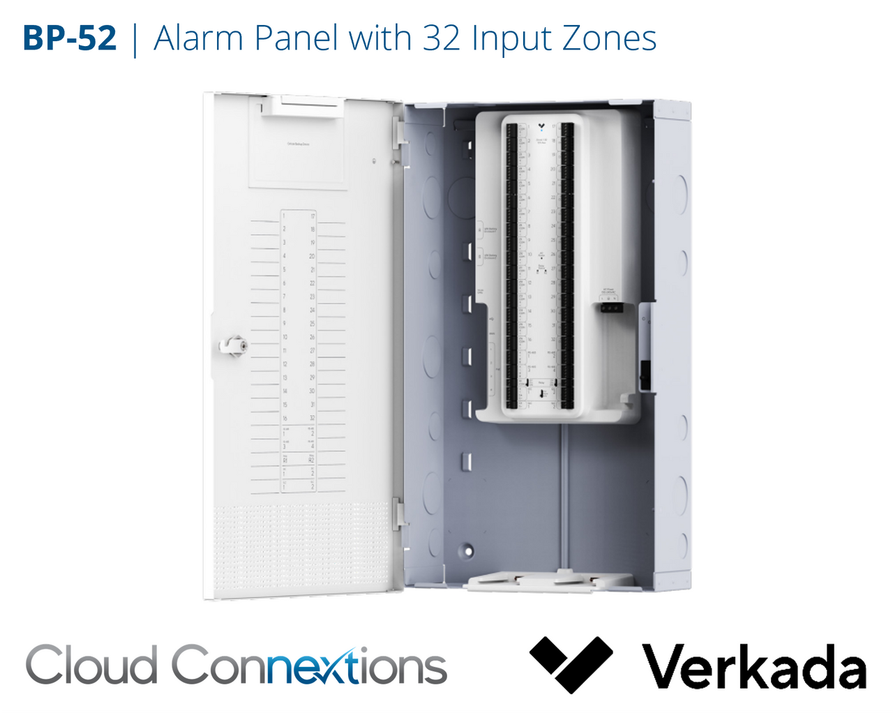 Verkada BP52 Cloud-managed 32-zone alarm panel for wired and wireless Verkada alarm deployments, site monitoring, sensor management, and integrated emergency response.