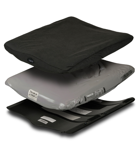 The JAY Duo wheelchair cushion  features an integrated, contoured solid seat pan with a soft foam and fluid seat cushion.