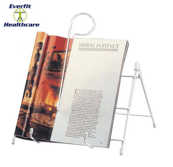 The Folding Book and magazine stand has the advantage of folding flat when not in use and has a book clip to hold the pages open.
