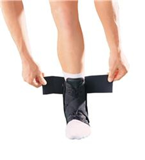 Ankle Brace with Strap has an open heel which allows for snug, comfortable fit. Ankle Brace with Strap has an open heel which allows for snug, comfortable fit.