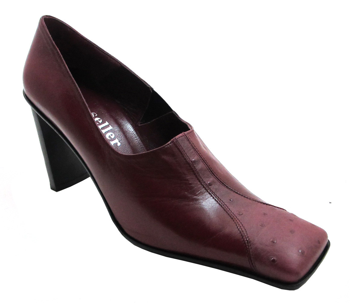 Square Toe Leather Mid Heel Pumps