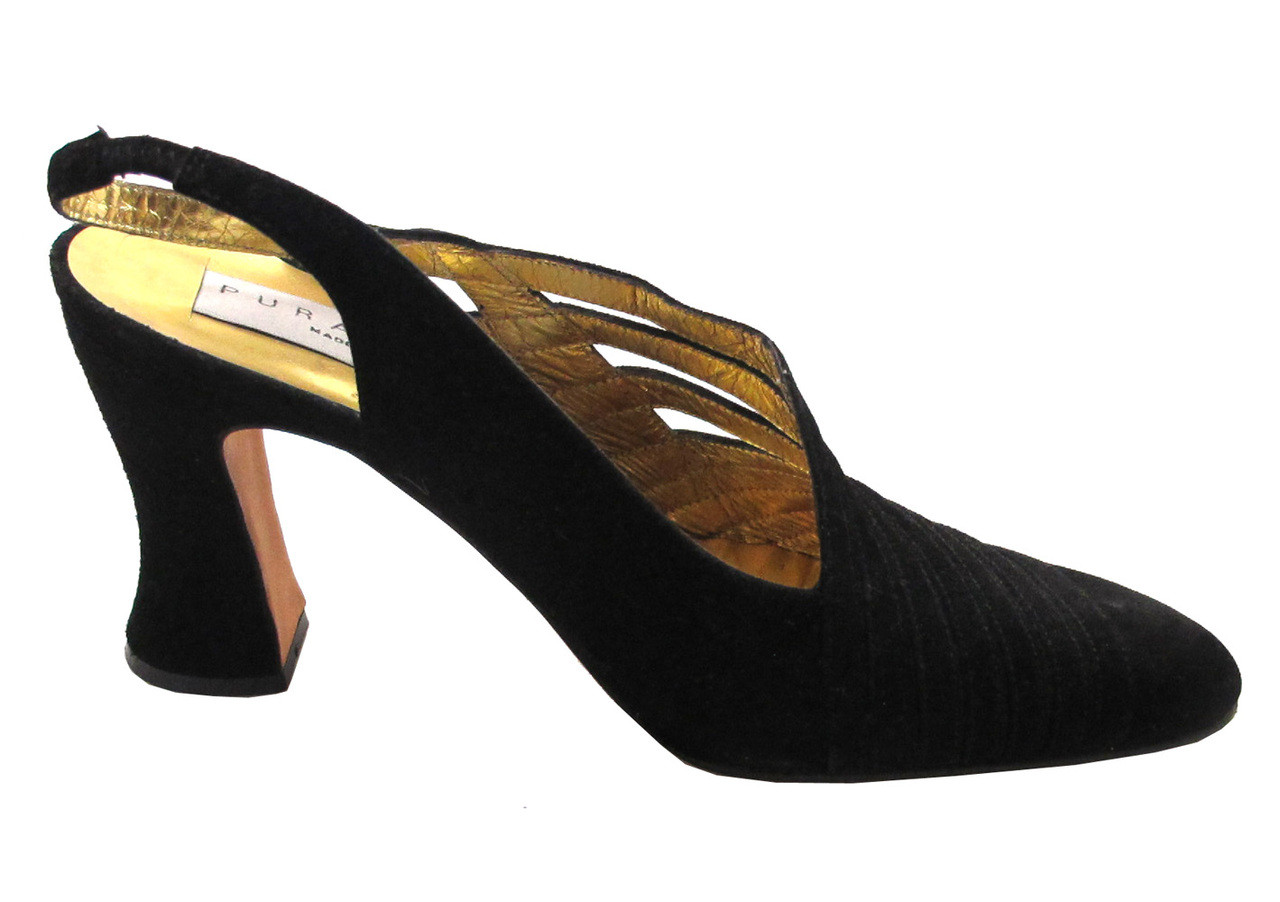 Pura Lopez 6099 Women's Pointy toe sling back mid heel Pumps in Black Suede