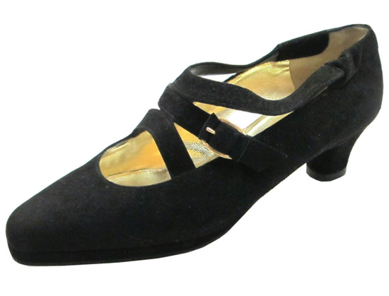Linea Barbarella 4028 Women's Low Heel Pumps in black suede with 3 straps