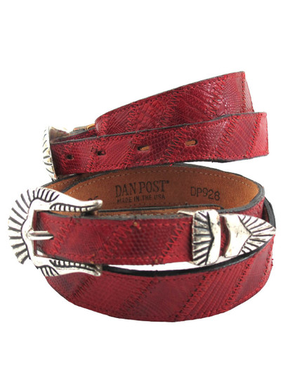 Women's Dan Post Western Lizard skin stitched Leather Belt in Green and Red