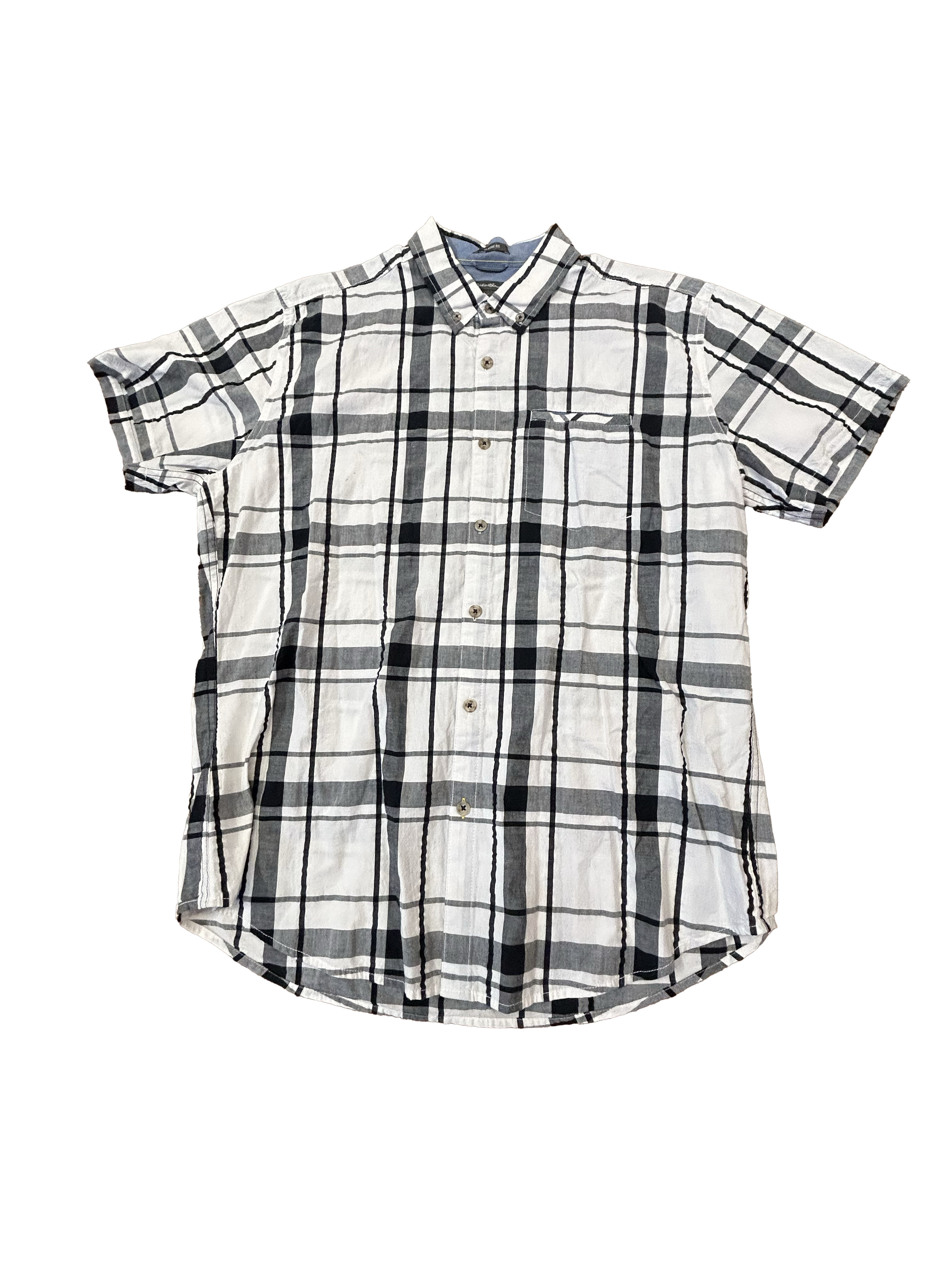 Eddie Bauer  Short Sleeve White/Grey Button Up Mens LG