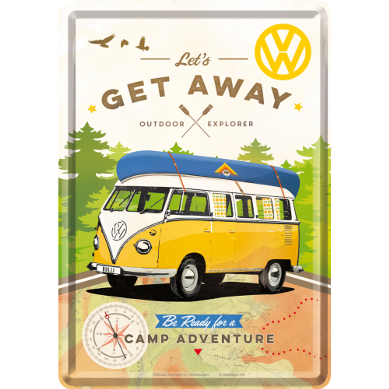 Volkswagen Campervan Lets Get Away Metal Postcard