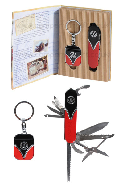 VW Campervan Penknife & Keyring Black & Red Gift Set