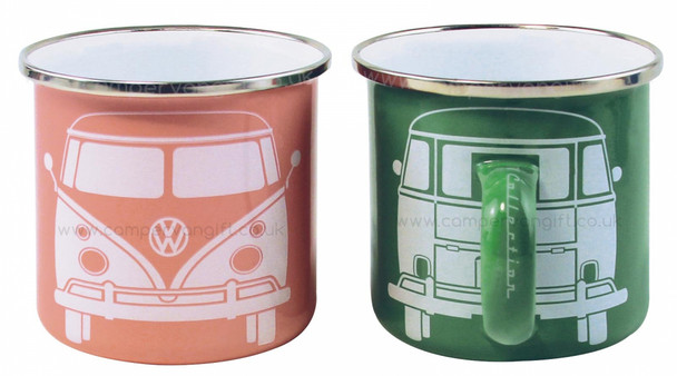 VW T1 Campervan Apricot & Green Enamel Tin Mug Set