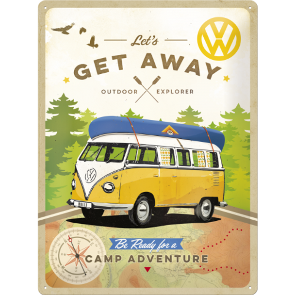 Volkswagen Campervan Lets Get Away Embossed Metal Tin Sign